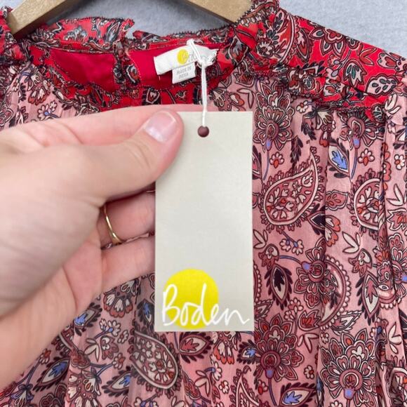 Boden Top Blouse Womens 10 Red Paisley Floral Ruffle Open Back Swing Feminine - Picture 4 of 16